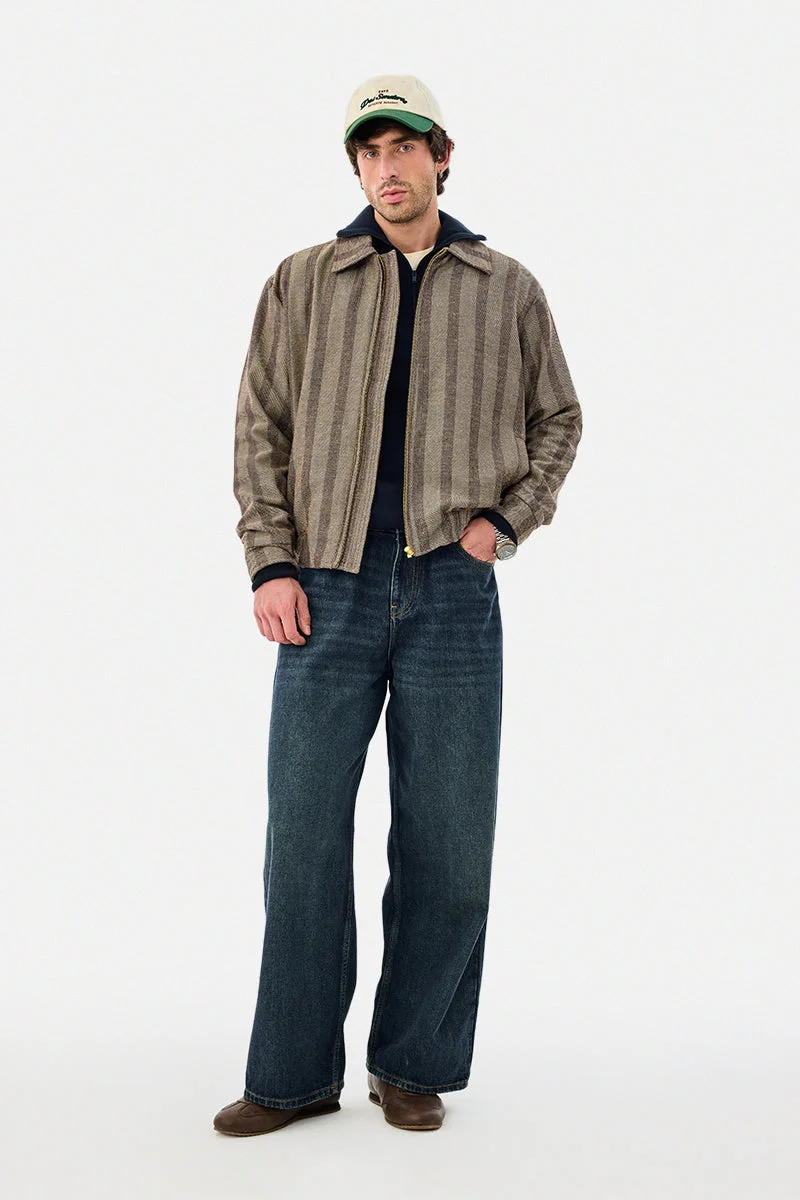 سنيتش Zipper Oversized Stripes Linen Blend Jacket